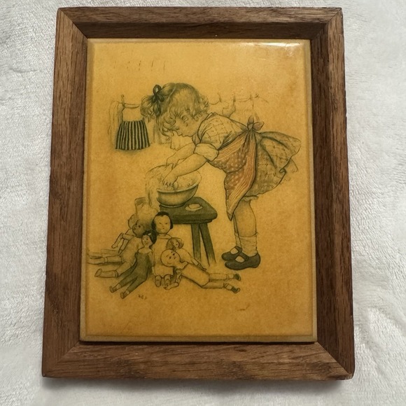 Kimberly Enterprises Other - Vintage 1982 Kimberly Tile Plaque Girl Washing Dolls Wood Frame Nursery